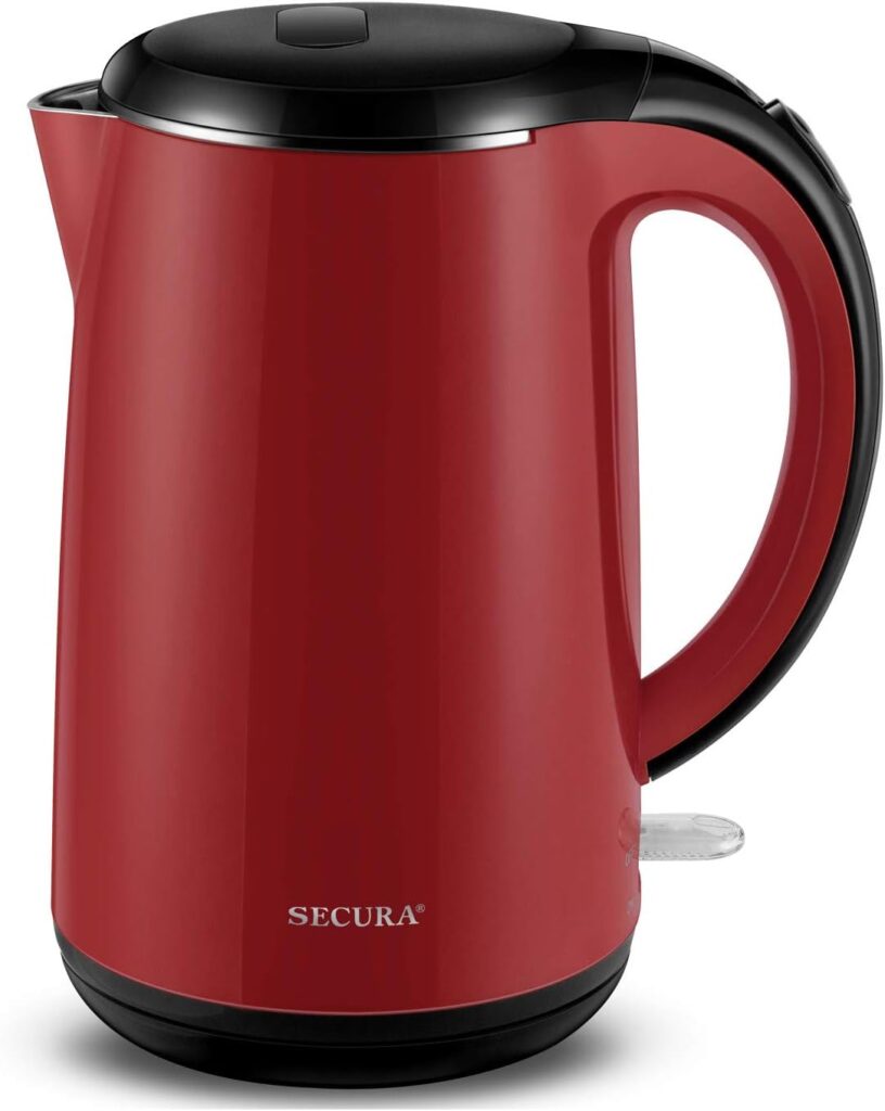 Secura Original Stainless Steel Double Wall Electric Water Kettle 1.8 Quart with Auto Shut-Off & Boil-Dry Protection, Red SWK-1701DR/HB-3227B