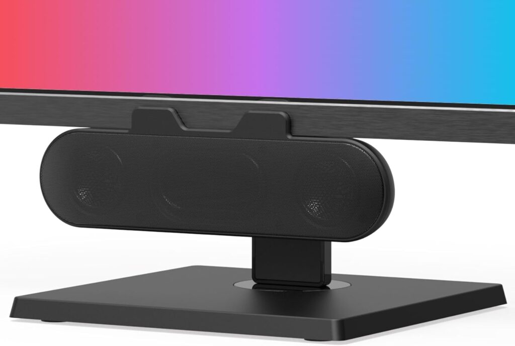 Computer Speakers for Desktop PC Monitor, External Speakers for Laptop, USB-Powered, Plug-n-Play, Wired, Clip-On, Small Computer Soundbar for PC, with Loud Sound, Rich Bass, G-Sensor, USB-C Adapter