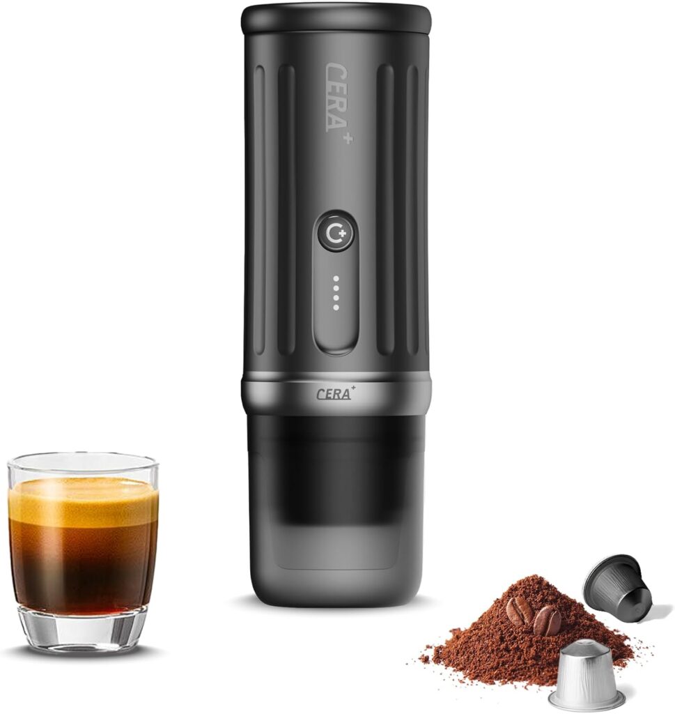 CERA+ Self-Heating Portable Espresso Machine,Up to 8 Cups per Charge & 20 Bar, 13500mAh, CERApresso Works with NS Capsules & Grounds, Electric Coffee Maker for Camping,Hiking,Office & Car/Air Travel
