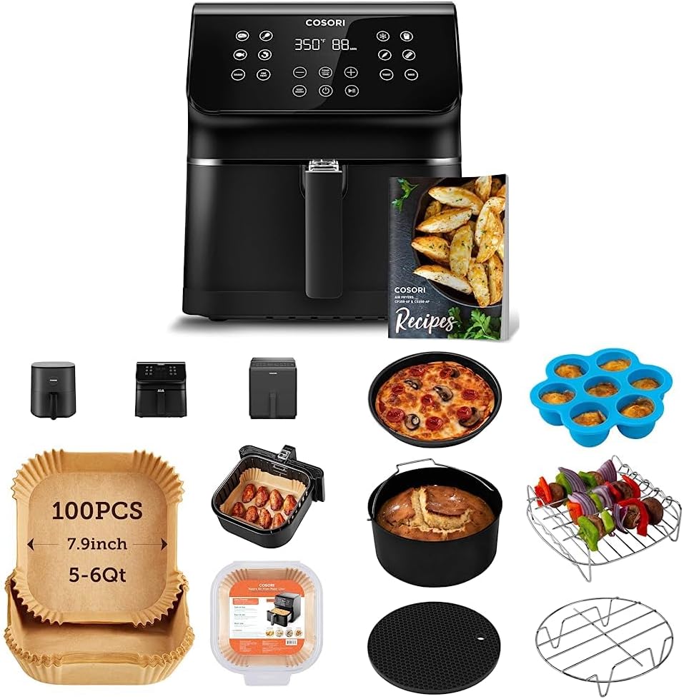 COSORI Pro II Air Fryer Oven Combo, 5.8QT Max Xl Large Cooker & Air Fryer Liners, 100 PCS Square Disposable Paper Liners & Air Fryer Accessories, Set of 6 Fit for Most 5.8Qt and Larger Oven
