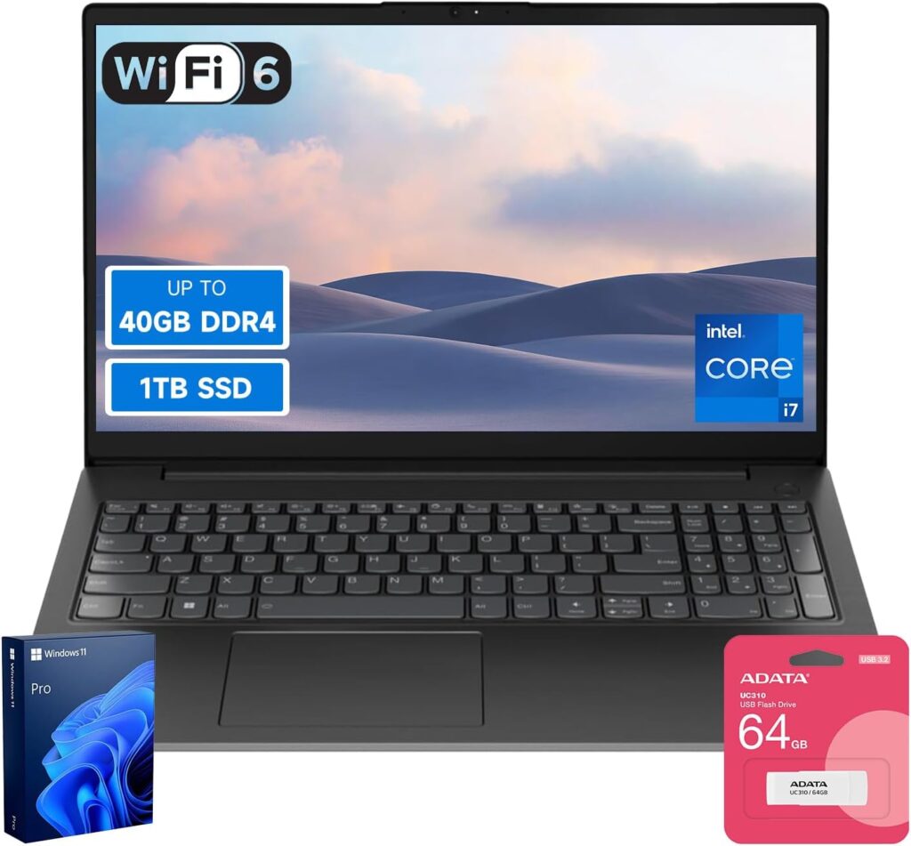 Lenovo V15 High-Performance Business Laptop, 15.6″ FHD Display, 13th Gen Intel 10-Core i7-13620H, 40GB RAM, 1TB SSD, Webcam, HDMI, Wi-Fi 6, Windows 11 Pro, Bundle with ADATA 64GB USB Flash Drive