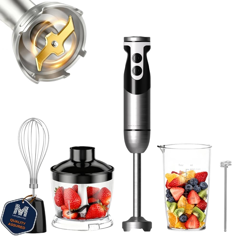 MegaWise Blender Handheld 12-Speed Stainless Steel Electric Hand Blender, 5 in 1 Immersion Handheld Blender,Titanium Blades Hand Blender, Milk Frother Wand,with 600ml Whisk Beaker and Chopper (black)