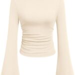 PRETTYGARDEN Women’s Long Sleeve Shirts 2025 Fall Crop Going Out Tops Casual Boat Neck Bell Sleeve Ribbed Ruched Y2K Clothes