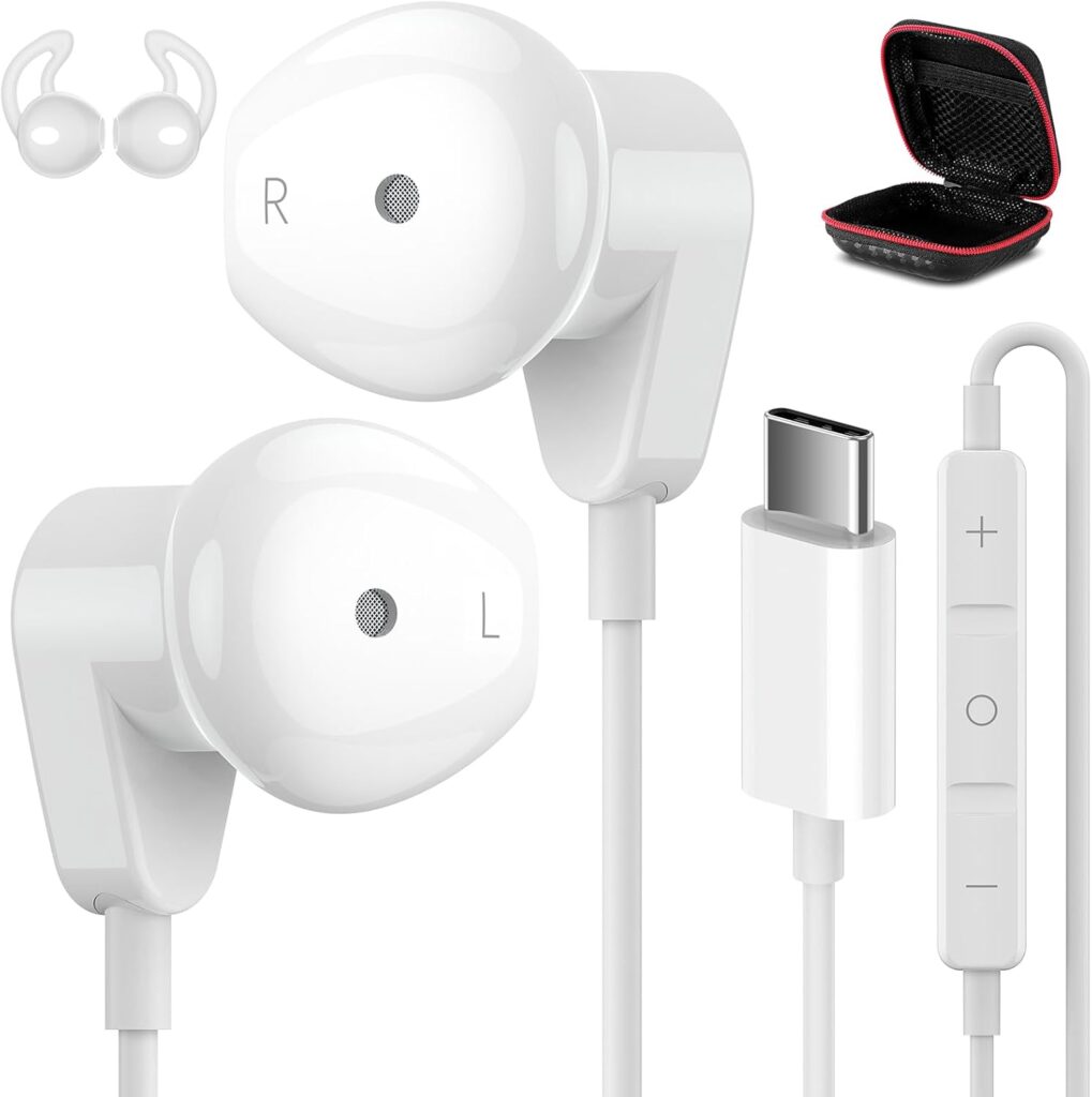 USB C Headphones for iPad Pro iPhone Air 17 16 15 Pro Max HiFi Stereo USB-C Wired Earbuds Microphone Volume Control Type C Earphone for Samsung S24 S23 Ultra S22 S21 Note20 Pixel 9 8 7 6 6a 5 OnePlus9