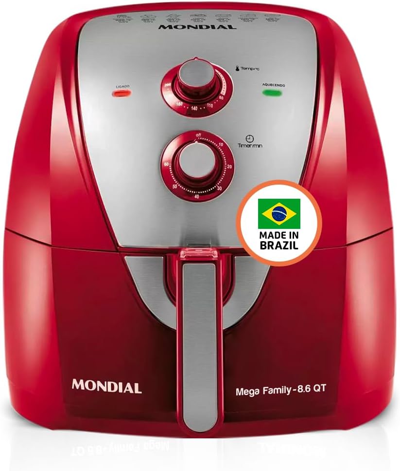 MONDIAL Air Fryer – 8.6 Quart Extra-Large Air Fryer, 2 Simple Dial Controls, 1800 Watts – Quick Heat Circulation Technology, Low Fat Cooking Less Calories – Removable Squared Basket – Red