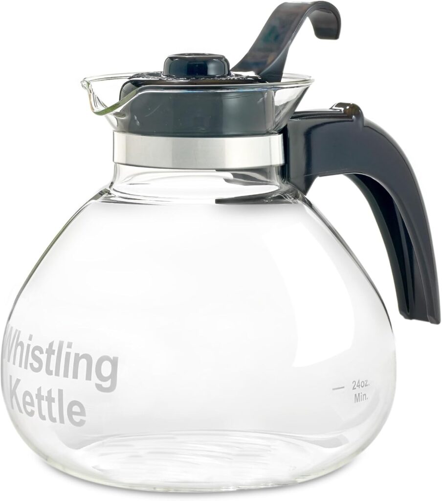 Borosilicate Glass Stove Top Whistling Tea Kettle – 12 Cup/48oz Capacity – BPA-Free – German Made Glass Kettle for Gas, Electric, and Glass Ranges