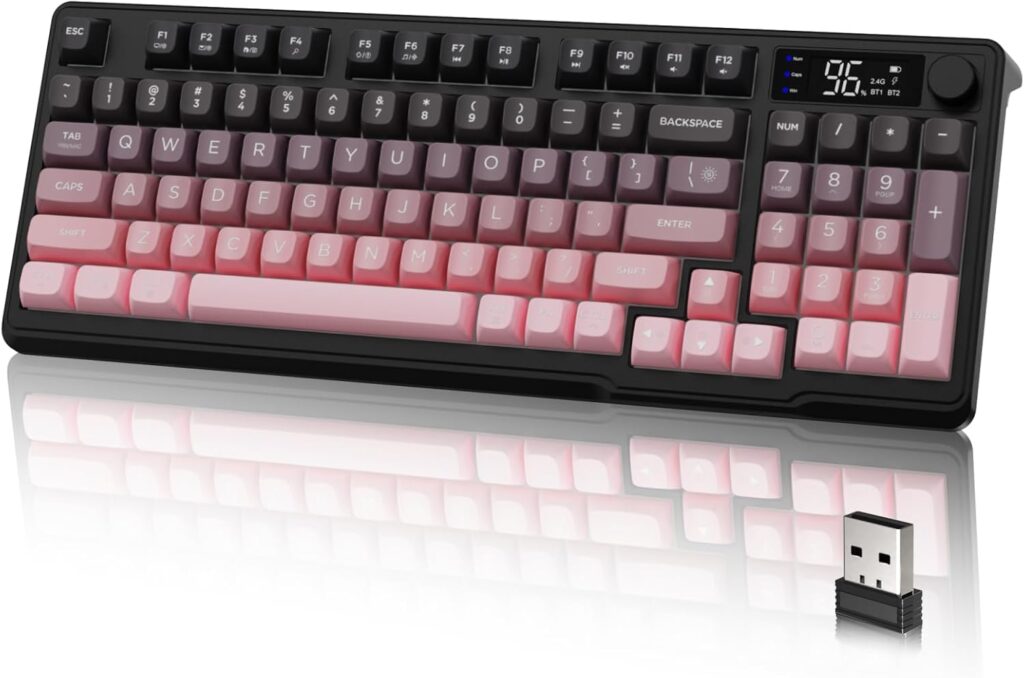 LexonElec M96 Wireless Keyboard, Low Profile Quiet Typing Membrane Gaming Keyboard with Smart Display & Knob, RGB Backlit, USB C Rechargeable, 94 Keys PBT Keycap for Windows PC, Mac, Linux-BlackBerry