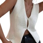 Women Y2k Crochet Vest Top Vintage Solid Color V Neck Sleeveless Button Down Crop Tops Streetwear