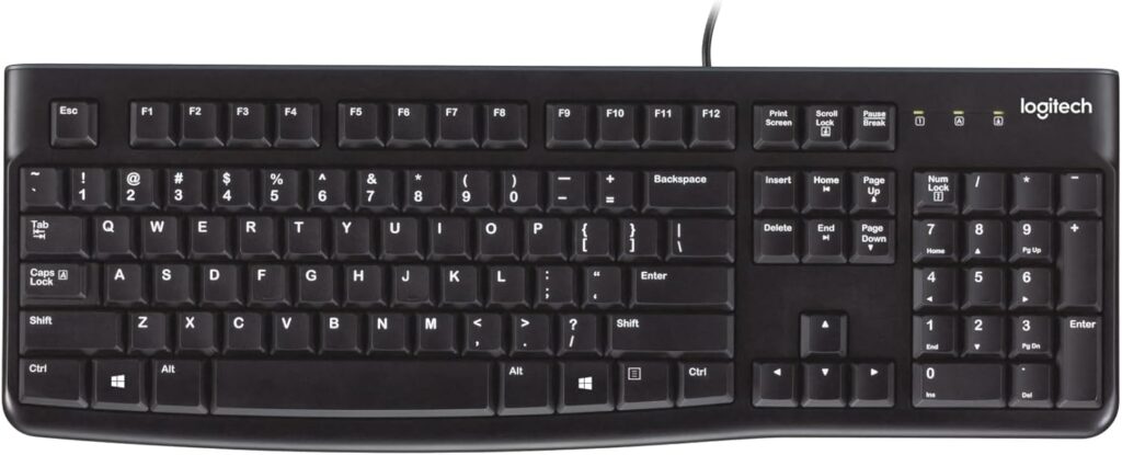 Logitech K120 Wired Keyboard for Windows, Plug and Play, Full-Size, Spill-Resistant, Curved Space Bar, Compatible with PC, Laptop – Black