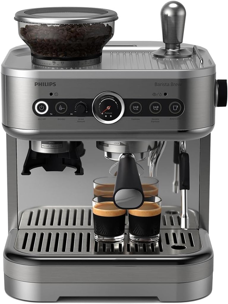 PHILIPS Barista Brew Semi Automatic Espresso Machine – Single & Double Espresso,Americano, 250g Bean Container+Grinder+Milk Jug with temperature indicator,Calibrated Tamping,Metal Silver (PSA3218/01)