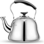 Tea Kettle Stovetop Whistling Teakettle ClassicTeapot Stainless Steel Tea Pots for Stove Top with Heat-resistant Folding Handle Mirror Finish, 2 liters