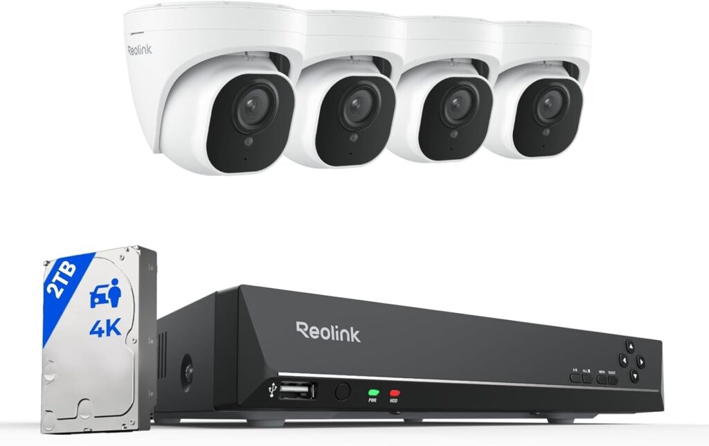 REOLINK 4K Security Camera System, 4pcs H.265 PoE Wired Turret Cameras with Person Vehicle Detection, 4K/8MP 8CH NVR with 2TB HDD for 24-7 Recording, RLK8-800D4