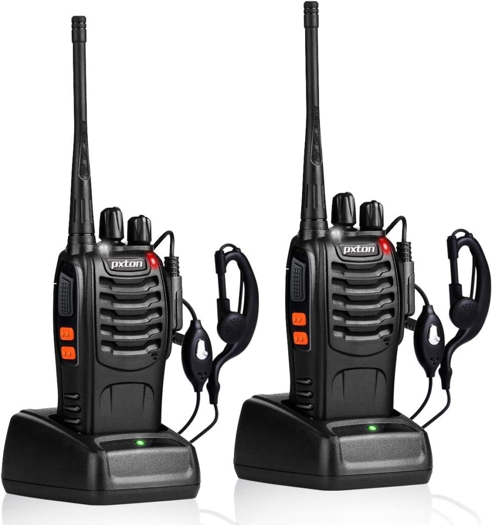 pxton Walkie Talkies Rechargeable Long Range Two-Way Radios with Earpieces,2-Way Radios UHF Handheld Transceiver Walky Talky with Flashlight Li-ion Battery and Charger(2 Pack)