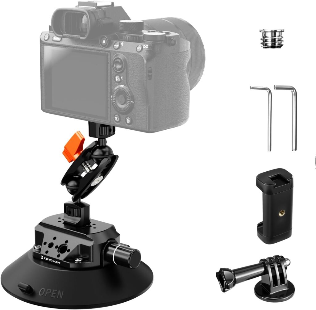 K&F Concept 6″ Suction Cup Camera Mount with Magic Arm, ARRI Style 1/4″ 3/8″ Threads, Quick Release Car Mount for DSLRs Action Camera Phone Video Shooting Compatible with Hero 13 12 DJI Insta360