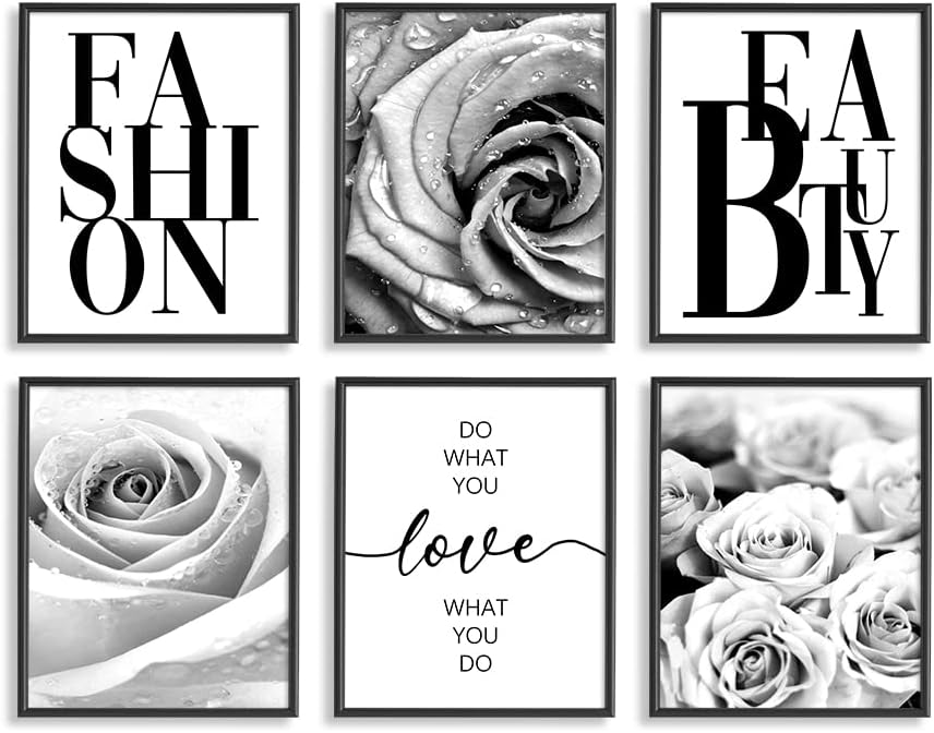 Black and White Glam Wall Art – Bedroom Bath Inspirational Gift – Teen Girl Motivational Poster for Room Aesthetic – Women Bedroom Vanity Powder Room – Fashion Designer Picture – Flower Rose Print
