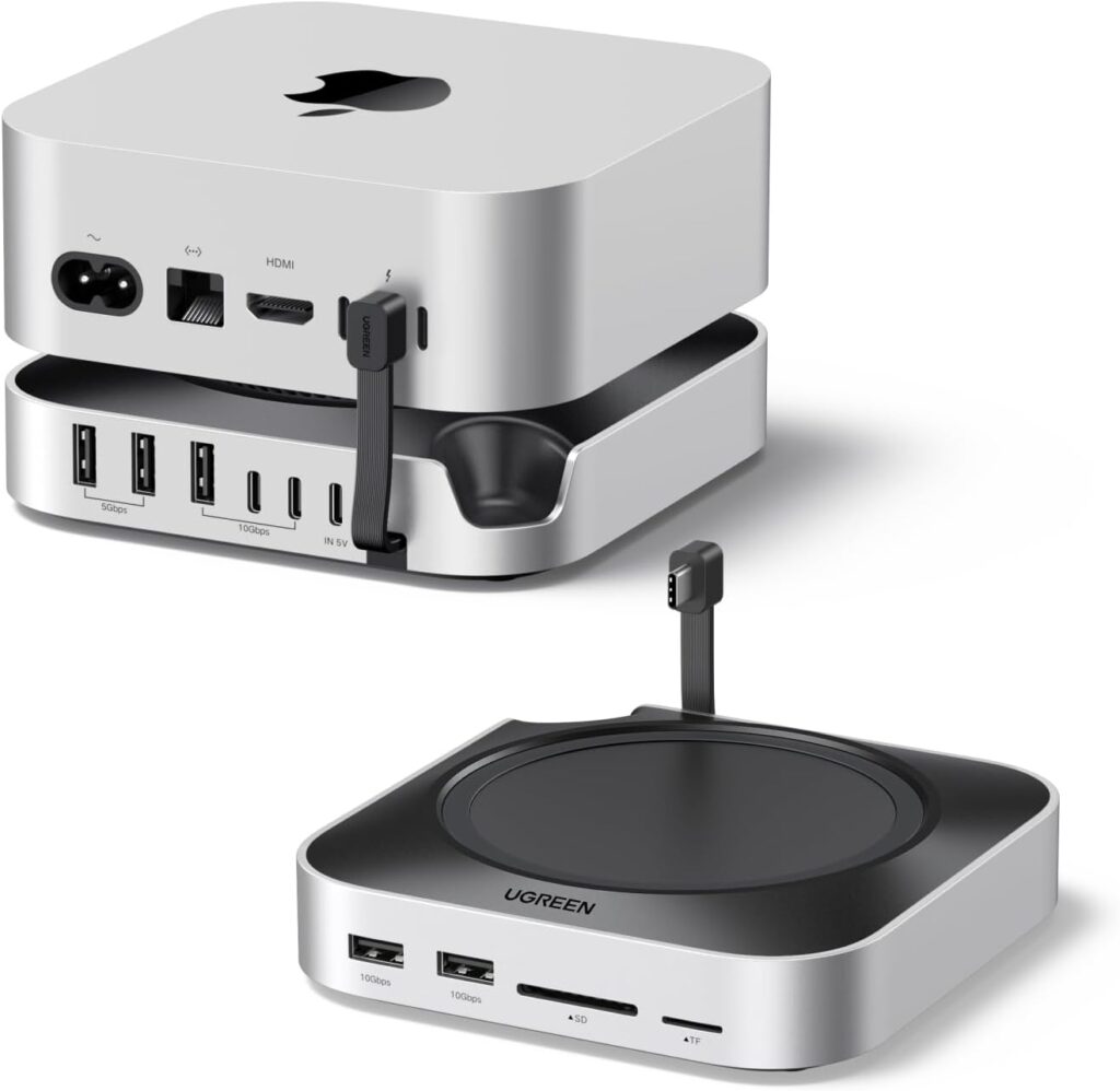UGREEN Dock & Stand for Mac mini M4/ M4 Pro with NVMe SSD Enclosure, 3 USB A 10Gbps, USB C Data Port, SD Card Reader, Silver
