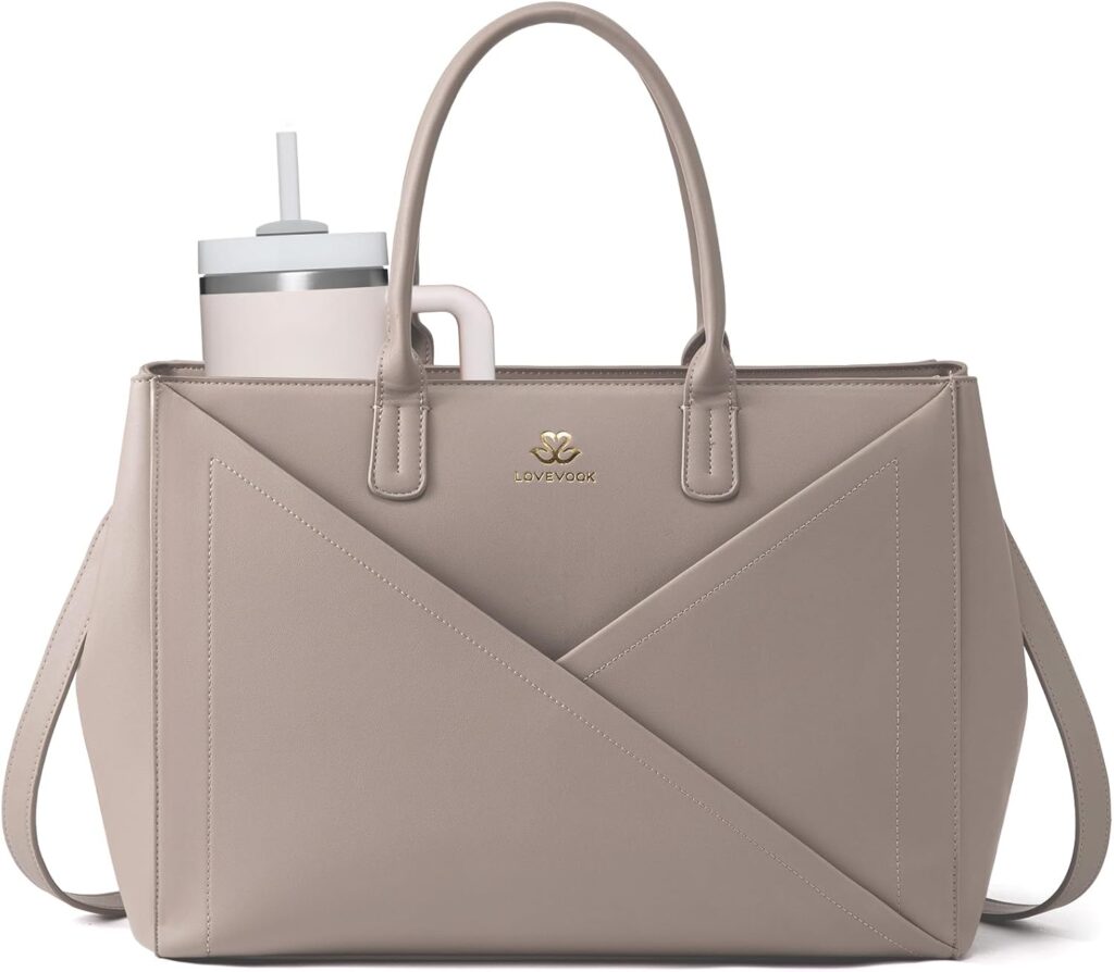 LOVEVOOK Laptop Tote Bag for Women with Large Cup Holder, 15.6 Inch PU Leather Work Bag Teacher Tote Bag, Waterproof Computer Bags Business Office Briefcase Handbag