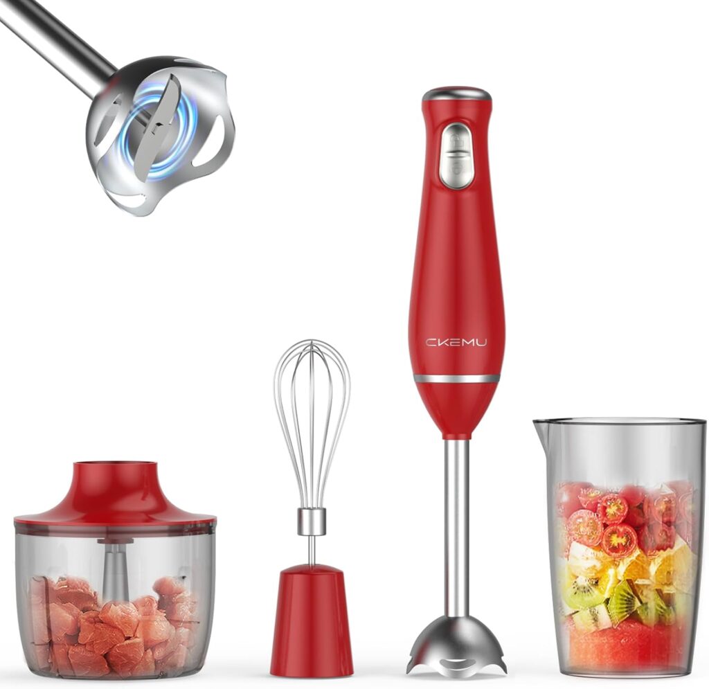 Immersion Blender 4-in-1 Hand Blender | Powerful Performance | Stainless Steel Design | Ergonomic Grip | BPA-Free | Red