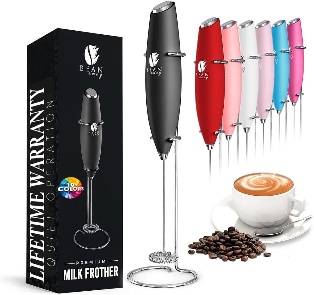 Bean Envy Milk Frother Handheld for Coffee – Mini Drink Mixer Whisk & Coffee Foamer Wand with Stand for Lattes, Cappuccino, Matcha and Hot Chocolate – Kitchen Gifts – Black
