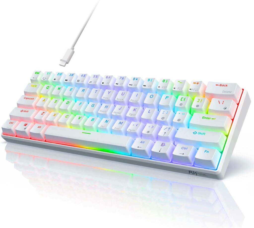 RK ROYAL KLUDGE RK61 60% Gaming Keyboard, Wired RGB Mechanical Keyboard with No-Conflict 61 Keys, Hot Swappable PC Game Keyboard for Windows Mac, Quiet Red Switch-White