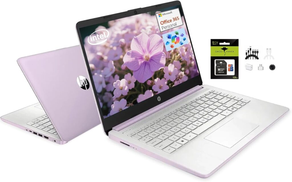 HP 14″ Student-Laptop with Copilot AI office365, Intel Processor N150(Up to 3.6GHz) 8GB RAM 384GB Storage(128GB UFS + 64GB Ghost Manta SD Card) Win11 Lavender