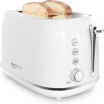 Keenstone Toaster 2 Slice, Retro Wide Slot Stainless Steel Toaster with 6 Browning Levels, Reheat & Defrost, for Bagel, Toast, Bread, Kitchen Essentials, Removable Crumb Tray, White