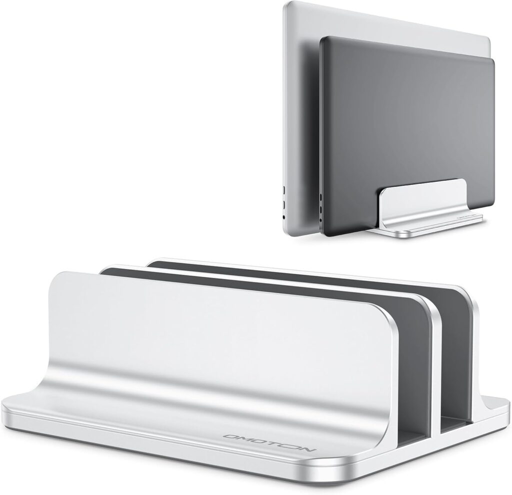 OMOTON Vertical Laptop Stand [Updated Double Version], Desktop Aluminum Mac Book Stand with Adjustable Dock Size, Fits All Mac Book, Surface, Chrome Book and Gaming Laptops (Up to 17.3 inch) (Silver)