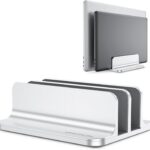OMOTON Vertical Laptop Stand [Updated Double Version], Desktop Aluminum Mac Book Stand with Adjustable Dock Size, Fits All Mac Book, Surface, Chrome Book and Gaming Laptops (Up to 17.3 inch) (Silver)
