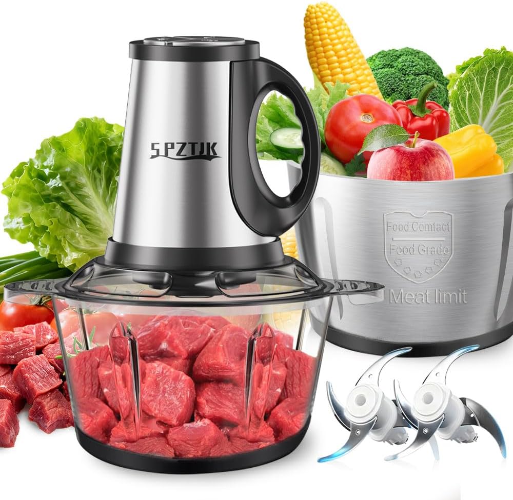 3-Speed Electric Food Processor: Meat Grinder, Vegetable Chopper & Baby Food Maker – 300W, 2 Bowls (8 Cup Stainless Steel+8 Cup Glass), Quiet Operation