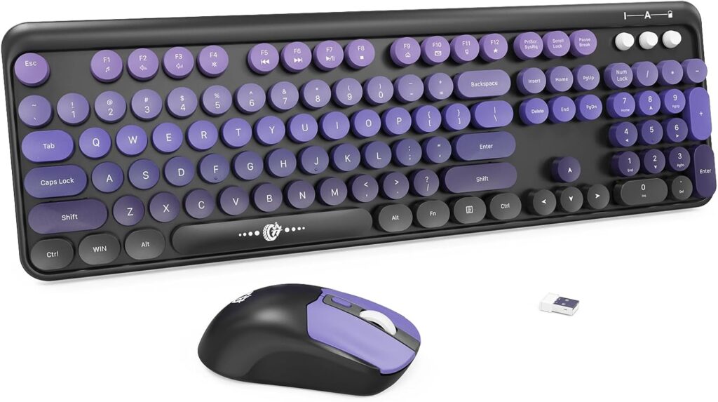 FD Wireless Keyboard and Mouse Combo | Cute Colorful Keyboard and Mouse with 2.4GHz Cordless Retro Typewriter Keyboard | Auto-Sleep | USB Receiver for Windows PC/Laptop – Black Purple Gradient