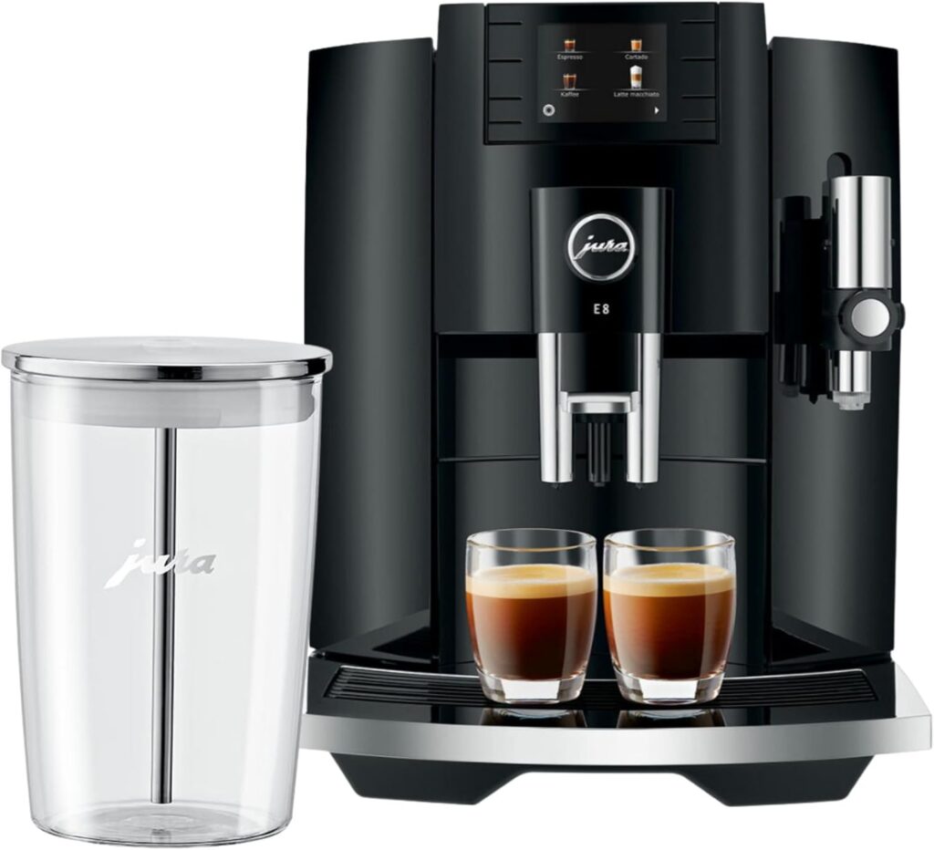 Jura E8 5th Gen Automatic Coffee Machine (Piano Black) Stainless Steel Espresso Machine, Powerful Blending Features Bundle with Glass Milk Container (2 Items)