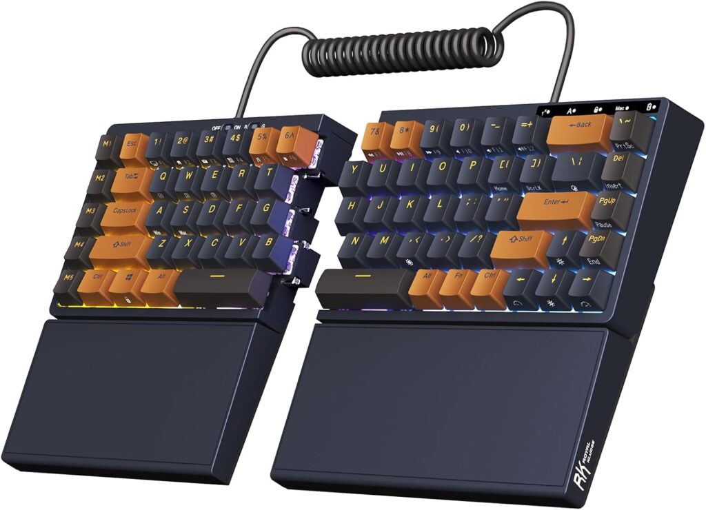 RK ROYAL KLUDGE RKS70 Ergonomic Split Keyboard, Wireless Gaming Keyboard with Bluetooth/2.4G/Wired, 75% RGB Hot Swappable Mechanical Keyboards Fixed Wrist Rest for Win/Mac, Black