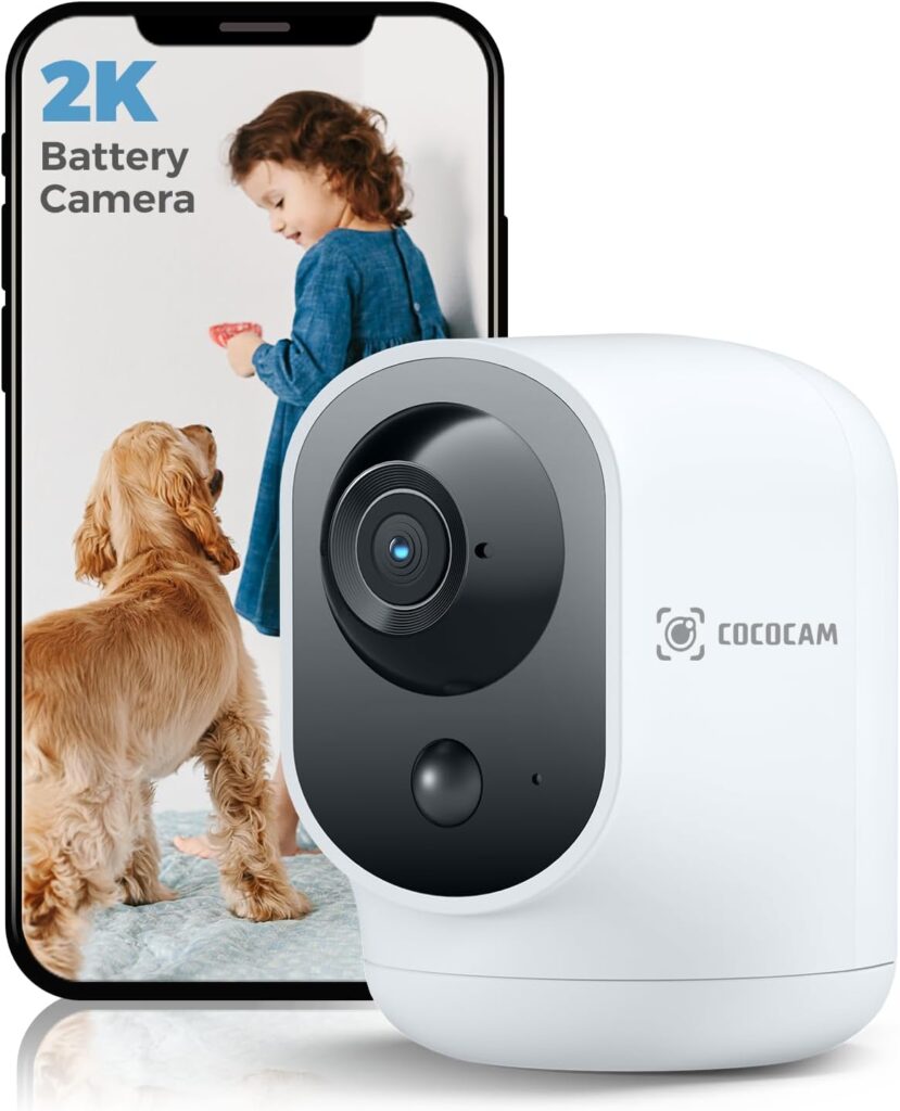 COCOCAM 2K Indoor Pan/Tilt Security Camera with 5200mAh Battery, WiFi Camera,Wireless for Baby Monitor/Pet/Home Security, AI Recognition, PIR Human Detection, 2.4G WiFi (White)
