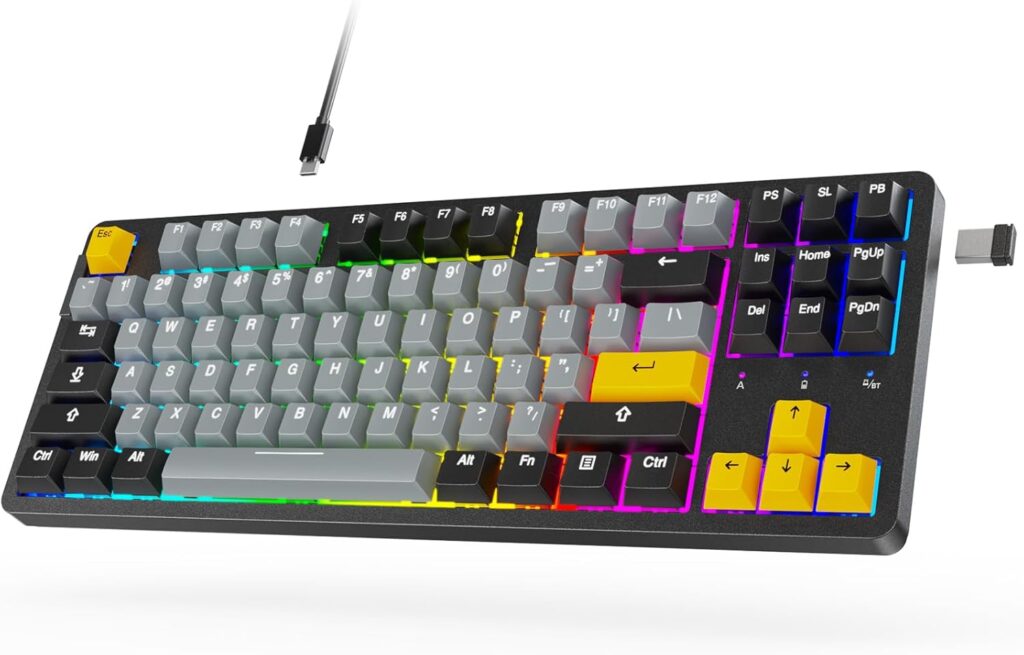 ARZOPA Wireless Mechanical Gaming Keyboard, 87 Keys RGB Backlit Gasket Mount PC Gaming, Compact Hot-Swappable Mechanical Keyboard, Sound Absorbing Pads, Custom Switch-K87