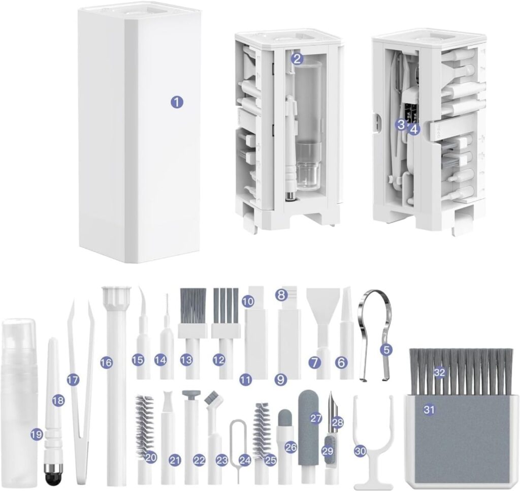 32-in-1 Electronics Cleaning Kit – Keyboard, Phone, Computer & Laptop Cleaner Kit – Compatible for MacBook, AirPods & iPhone Charger Port Cleaning Tool – Tech Gadget Cleaner – White