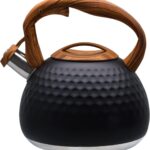 GGC Tea Kettle for Stove Top, Loud Whistling Kettle for Boiling Water Coffee or Milk, 3.1 Quart 3L Heavy Stainless Steel Black Kettle with Wood Pattern Handle, Unique Button Control Kettle Outlet