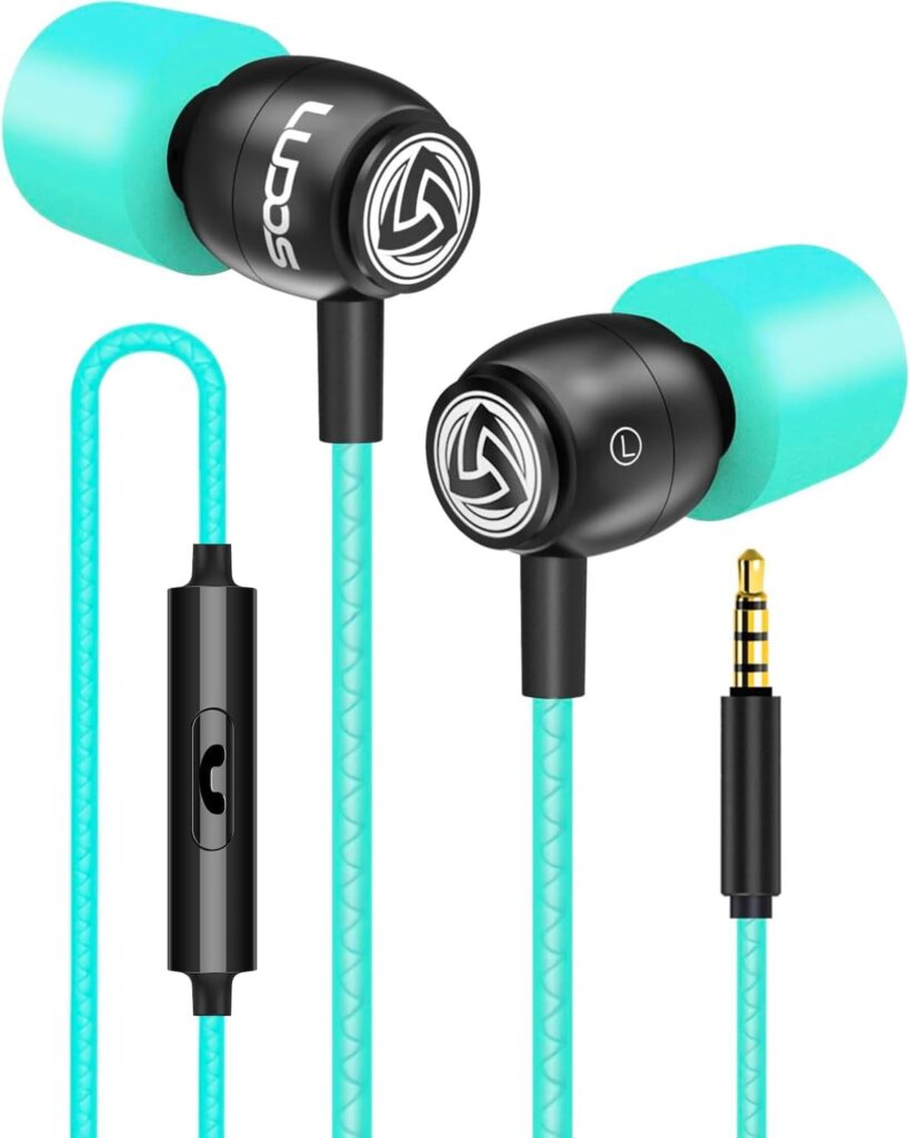 LUDOS Clamor Wired Earbuds in-Ear Headphones, 5 Years Warranty, Earphones with Mic, Noise Isolating Ear Buds, Memory Foam for iPhone, Samsung, School Students, Kids, Women, Small Ears – Turquoise