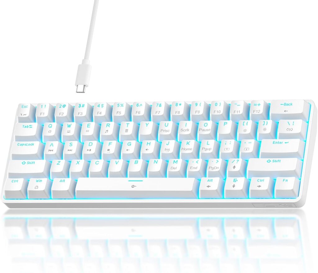 TMKB 60% Mechanical Gaming Keyboard, Red Linear Switch, LED Backlight, Anti-Ghosting, Detachable USB-C, Double-Shot Keycaps, 61 Keys, Wired, White