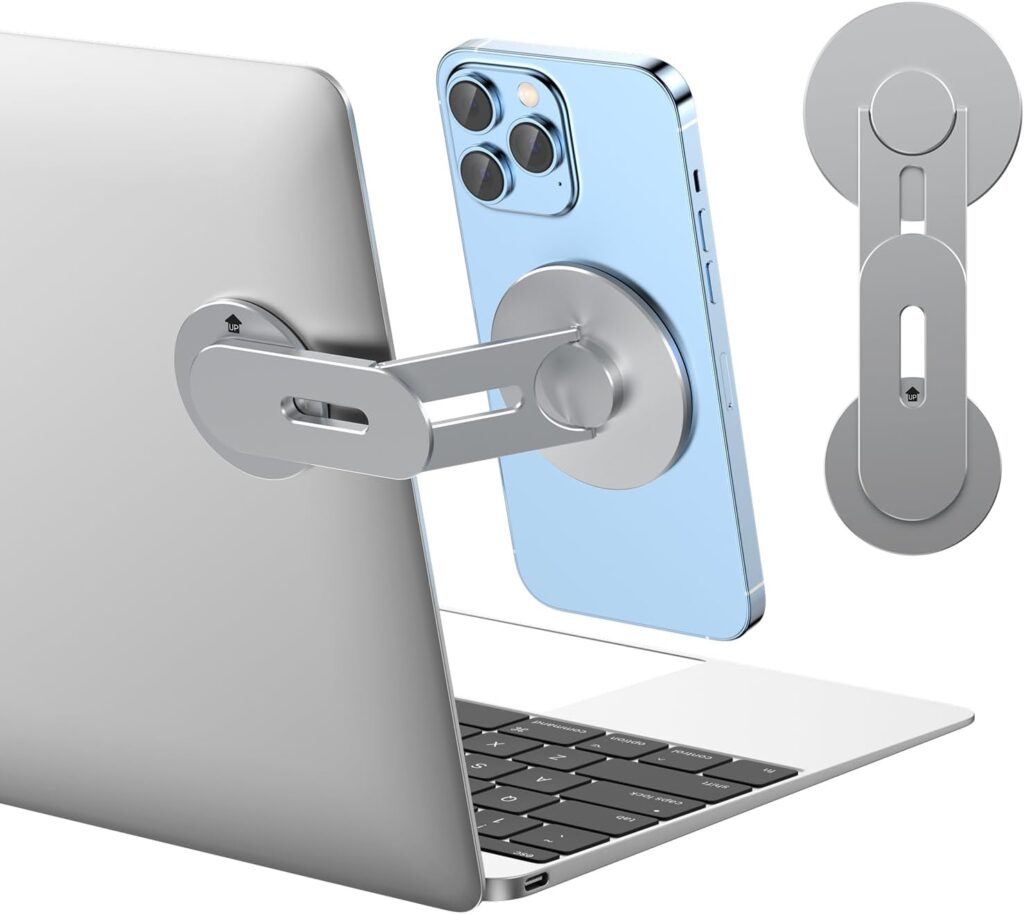Magnetic Phone Holder for Laptop for MagSafe for iPhone 17/16/15/14/13/12 & All Phones, 180°Adjustable Phone Side Mount for Computer Monitor for Tesla, Desktop Cell Phone Bracket, Gray