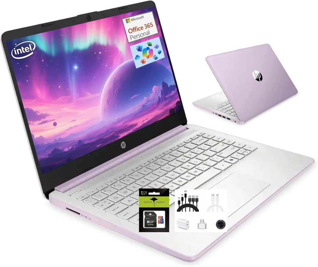 HP 14″ Student-Laptop 1-Y office365 Back to School, Quad Core Intel Processor(Up to 3.6GHz) 16GB RAM 256GB Storage(128GB UFS + 128GB Ghost Manta SD Card) Computer Laptop with Copilot AI Win11