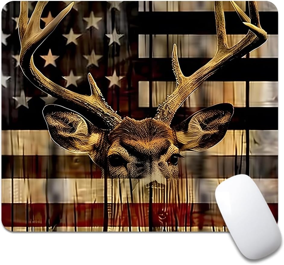 Wood Grain American Flag Hunting Deer Square Mouse pad, Texture, Waterproof, Anti Slip Rubber Base, Computer Mouse pad, Laptop Mouse pad