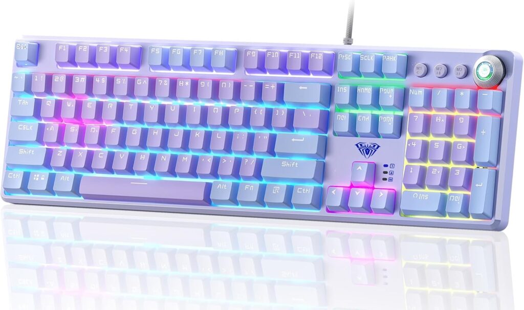 AULA Keyboard, F2088 Pro 108 Keys Purple Mechanical Red Switches Keyboard with RGB Rainbow Backlit, Removable Upper Cover,Aesthetic Media Control Knob Programmable USB Wired Keyboards for MAC PC Gamer