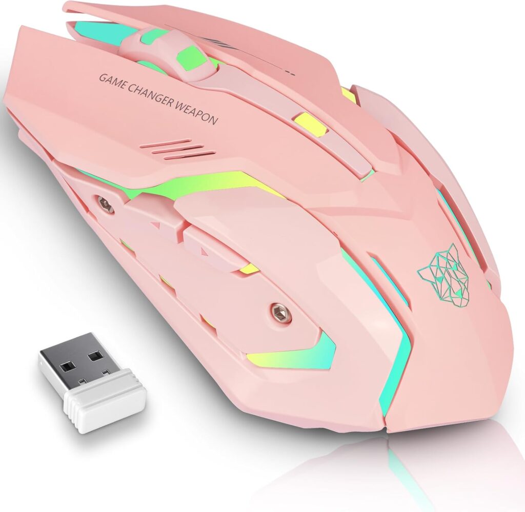 Wireless Gaming Mouse, Rechargeable Wireless Computer Mouse with Type-C Fast Charging, Ergonomic Mouse with 3 Adjustable DPI, 6 Silent Buttons, LED Light, Long Battery Life for Laptop, PC, Mac (Pink)
