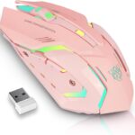 Wireless Gaming Mouse, Rechargeable Wireless Computer Mouse with Type-C Fast Charging, Ergonomic Mouse with 3 Adjustable DPI, 6 Silent Buttons, LED Light, Long Battery Life for Laptop, PC, Mac (Pink)