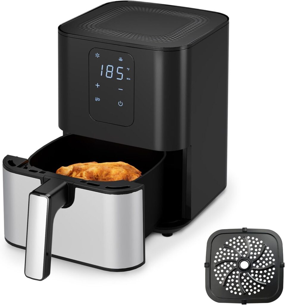 Air Fryer Oven 4.5QT, Space Saving, 1 Touch Digital Display, Compact, Non-stick And Dishwasher Safe Basket, Black & Stainless Steel,Update