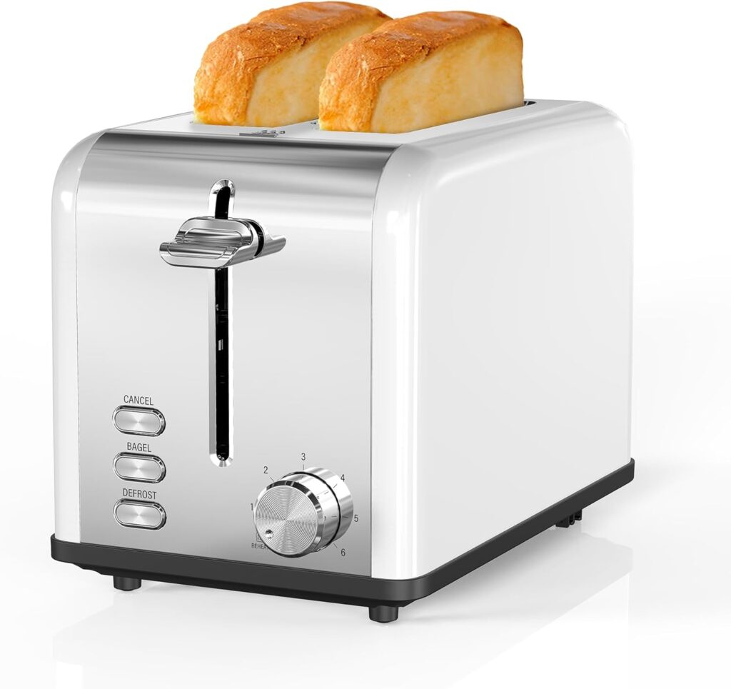 Simple Deluxe 2-Slice Toaster, 6 Browning Setting and 3 Function, Extra Wide Slot & Removable Crumb Tray, for Bread & Waffle, White