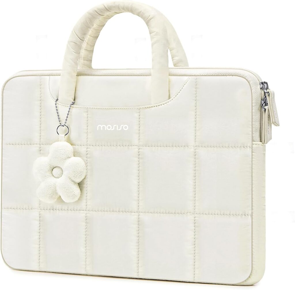 MOSISO 13-14 inch Laptop Case, 13.3 inch Puffy Laptop Sleeve Compatible with MacBook Air 13 13.6/Pro 13/Pro 14,HP Acer Dell ASUS Lenovo, Rectangle Quilted Computer Bag with Handle&Flower Pendant, Sand