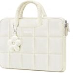 MOSISO 13-14 inch Laptop Case, 13.3 inch Puffy Laptop Sleeve Compatible with MacBook Air 13 13.6/Pro 13/Pro 14,HP Acer Dell ASUS Lenovo, Rectangle Quilted Computer Bag with Handle&Flower Pendant, Sand