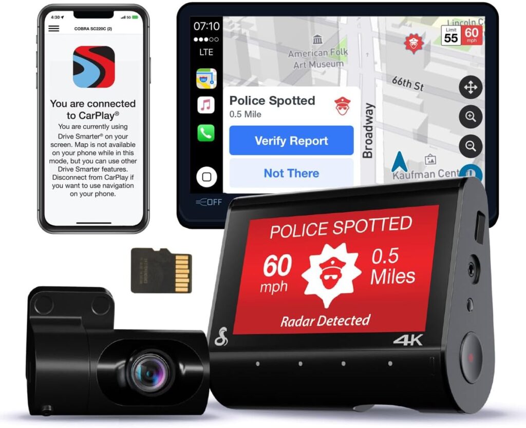 Cobra Smart Dual View Front and Rear Dash Cam (SC 250R) – True 4K Resolution, 360 Alerts, Parking Live View, Incident Reports, Emergency MayDay, 32 GB SD Card Included, CarPlay & Android Auto