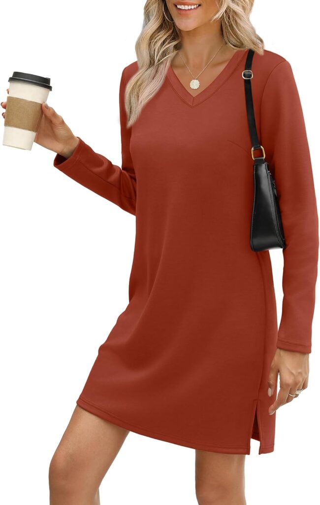 Sampeel Dresses for Women 2025 Casual Long Sleeve V Neck Tshirt Dress Side Split Fashion Fall Outfits